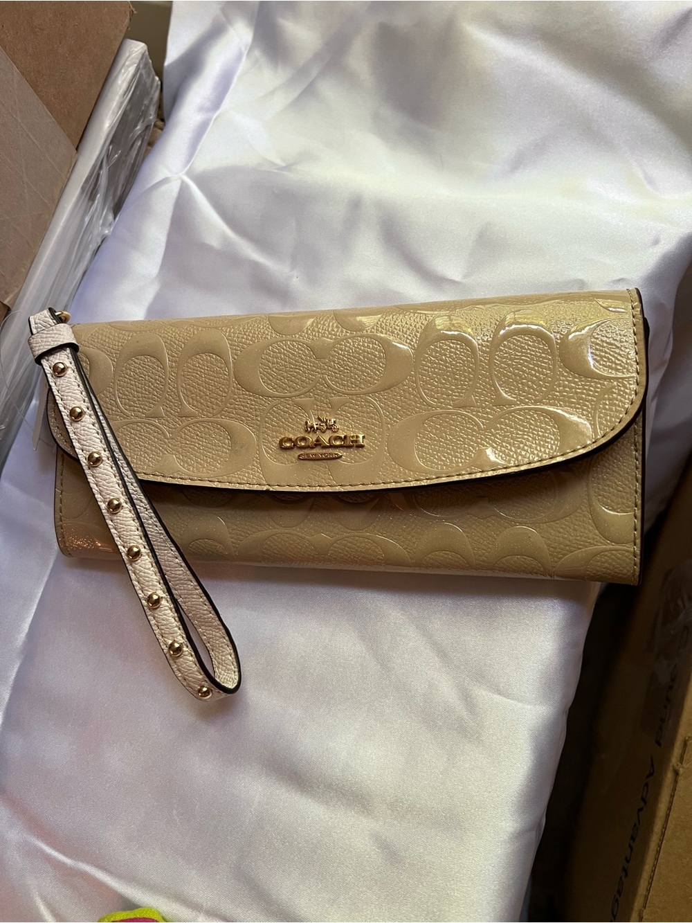 Coach Beige Patent Leather Wristlet Clutch with Studded Strap NWT